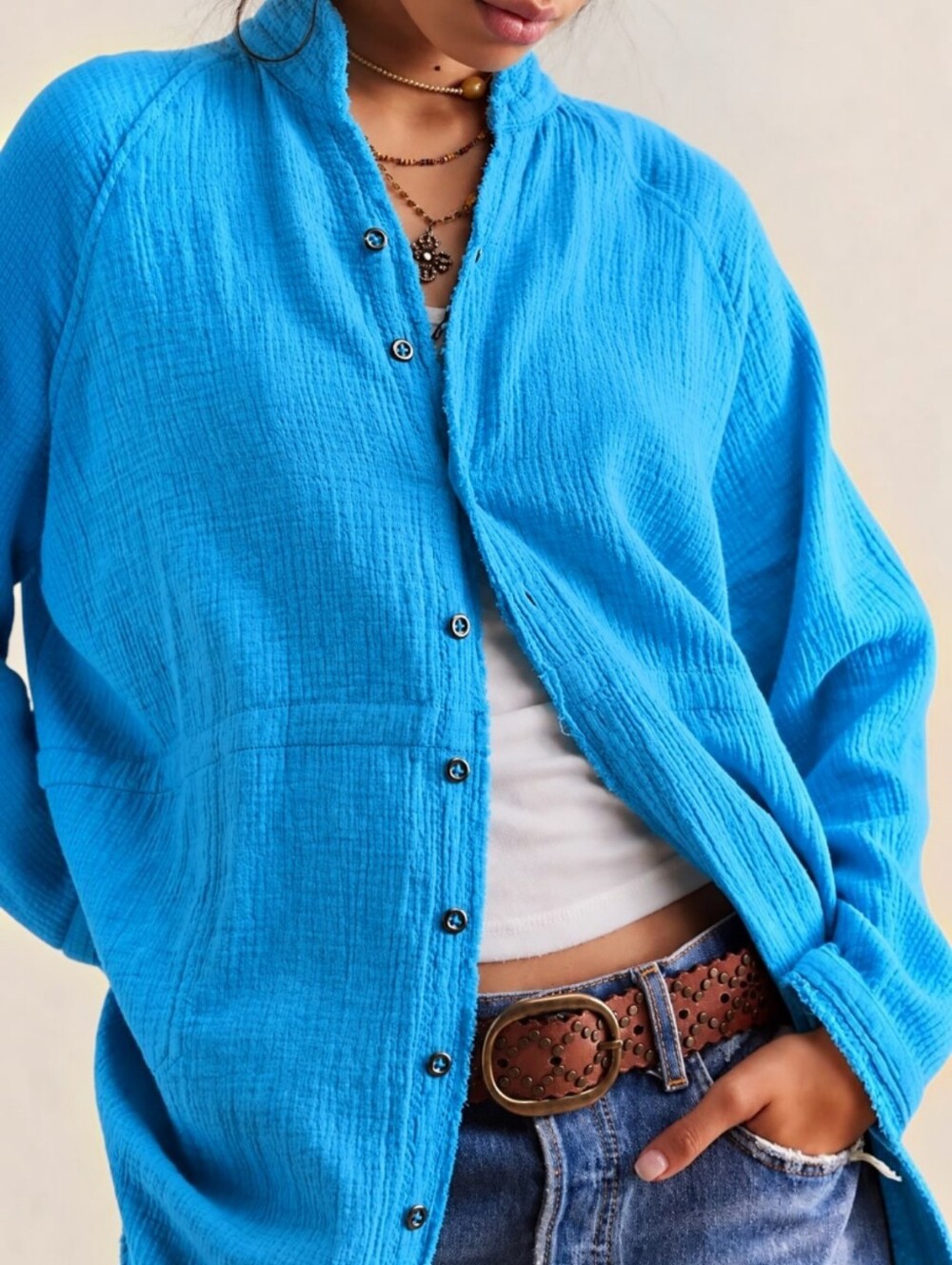 We The Free Summer Day Dream Button Down Shirt, XL, Boho Resort Beach Guaze